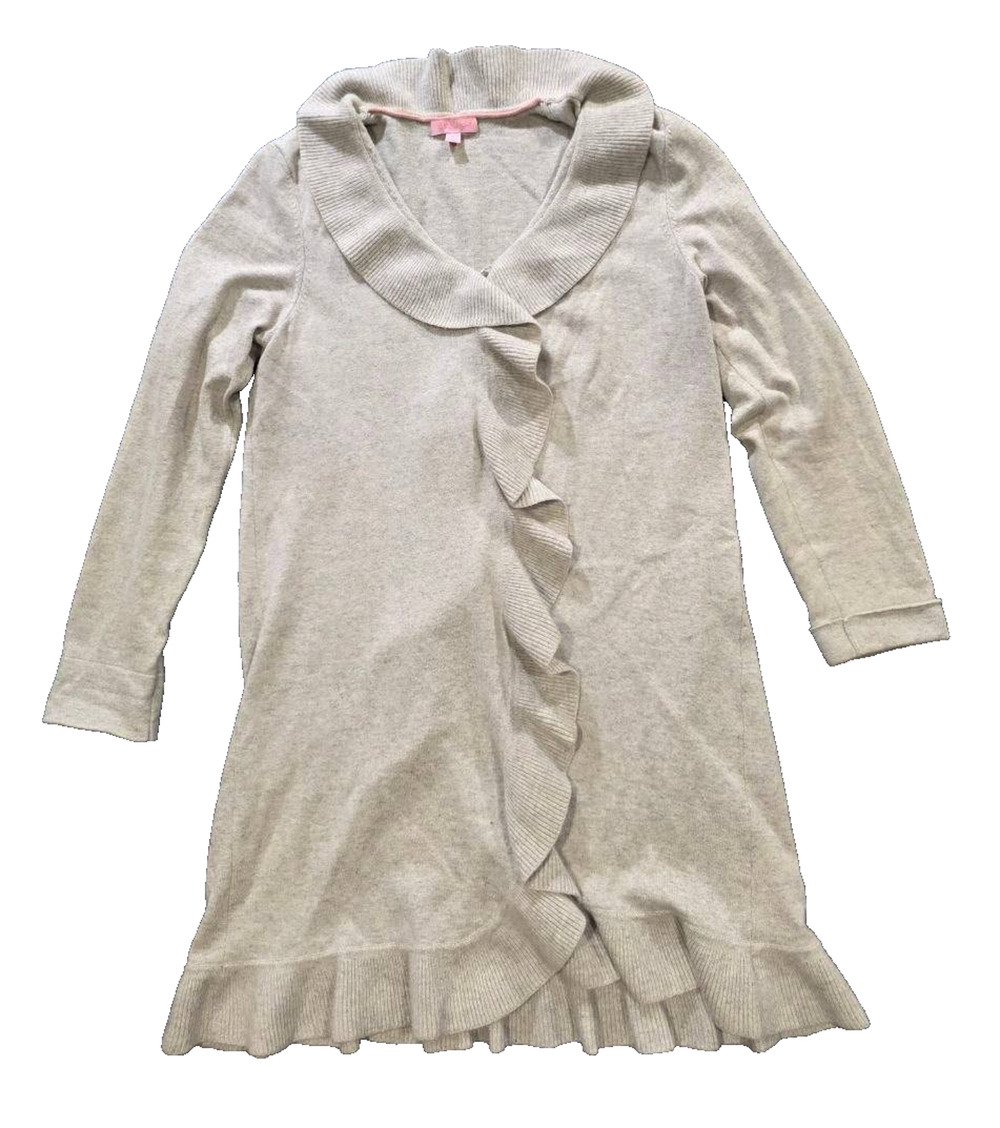 Lilly Pulitzer 100% Cashmere Grey Cardigan Ruffle Open Front Size Large A010581